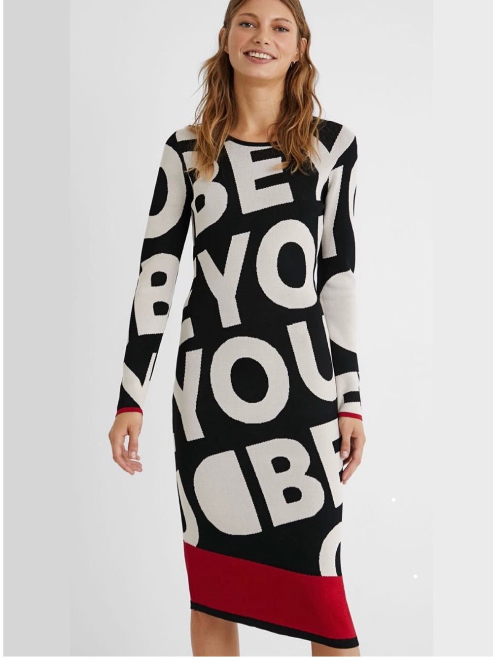 Desigual Black White Graphic Midi Dress with Asymmetrical Red Hem says BE YOU! - Picture 3 of 9
